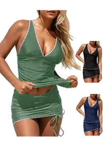 FISOEW Womens Tummy Control Tankini Swimsuits 2 Piece V Neck Criss Cross Drawstring Skort Bottom Bathing Suits Swimming Tankinisuit High Waist Swimwear