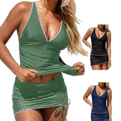 FISOEW Women's 2-Piece Tummy Control Polypropylene Tankini Swimwear Set - Strappy V-Neck Top, High Waist Drawstring Skort, Beach Bathing Suit