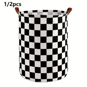 Foldable Round Storage Basket with Handle, Classic Plaid Fabric Laundry Hamper, Versatile Organizer for Clothes Shoes Toys Books