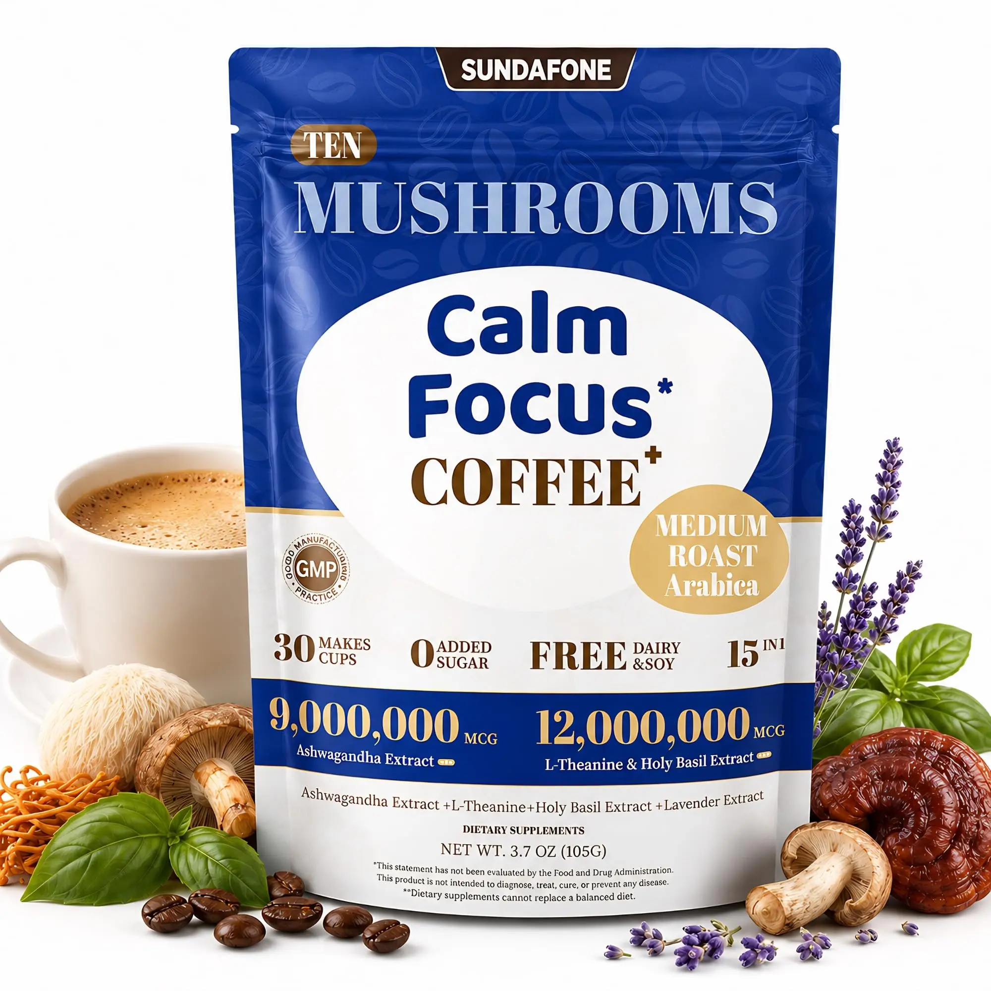 SUNDAFONE Calm Focus Mushroom Coffee - 52,500mg 10-Mushroom Blend + Ashwagandha, L-Theanine & Lavender | Support Natural Calm, Sharp Focus & Relaxation | Instant Medium Roast Arabica - 30 Servings
