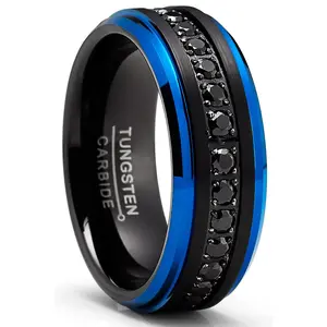 Men Tungsten Two-Tone Wedding Band Black Blue Eternity Ring CZ Comfort-Fit 8MM