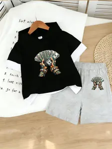 Boys Hooded Short Sleeve Top + Loose Comfortable Casual Pants, Vibrant Geometric Pattern, Summer Breathable, 2-7 Years