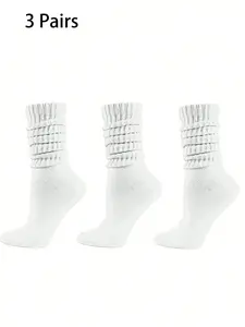 Unisex 3 Pairs Solid Color Crew Socks, Casual Moisture Wicking Scrunch Socks for Men & Women, Soft Comfy Breathable Mid-Calf Socks for All Seasons Daily Wear