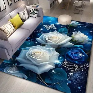 Luxury 3D Blue and White Rose Print Carpet - Soft Crystal Velvet, Non-Slip Backing, Large Size (≥70.87 inches), Perfect for Living Room or Bedroom Decoration, Starry Night Design with Butterflies, Living Room Carpet