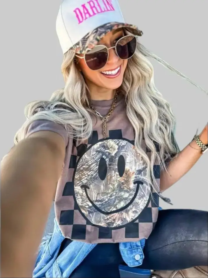 Comfort Color Camo Checkered Smiley Tee, Graphic Crewneck Shirt, cowgirl outfits, western clothing, western tops outfits women, country concert outfits clothing, rodeo outfit women shirts