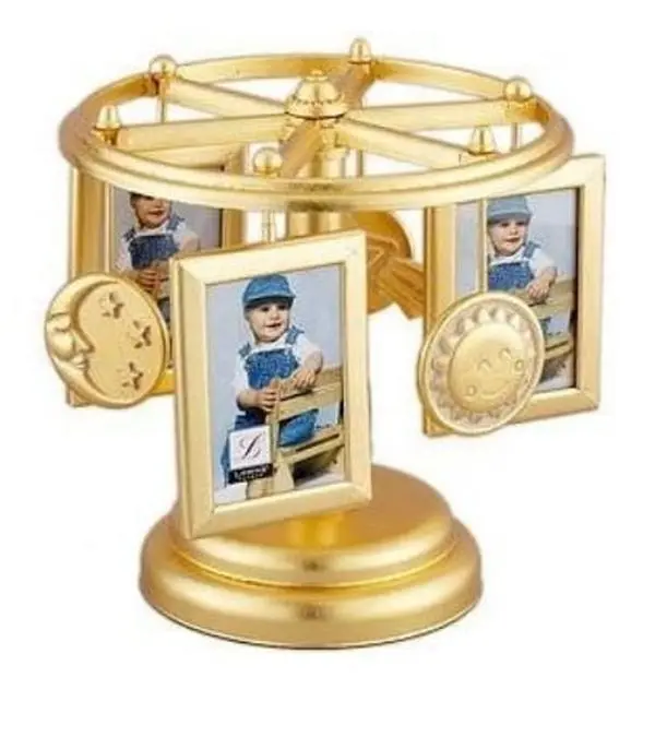 Wind Up Musical Carousel Picture Frame - Gold Sun Moon and Stars Design - Holds 6 2x3 Photos