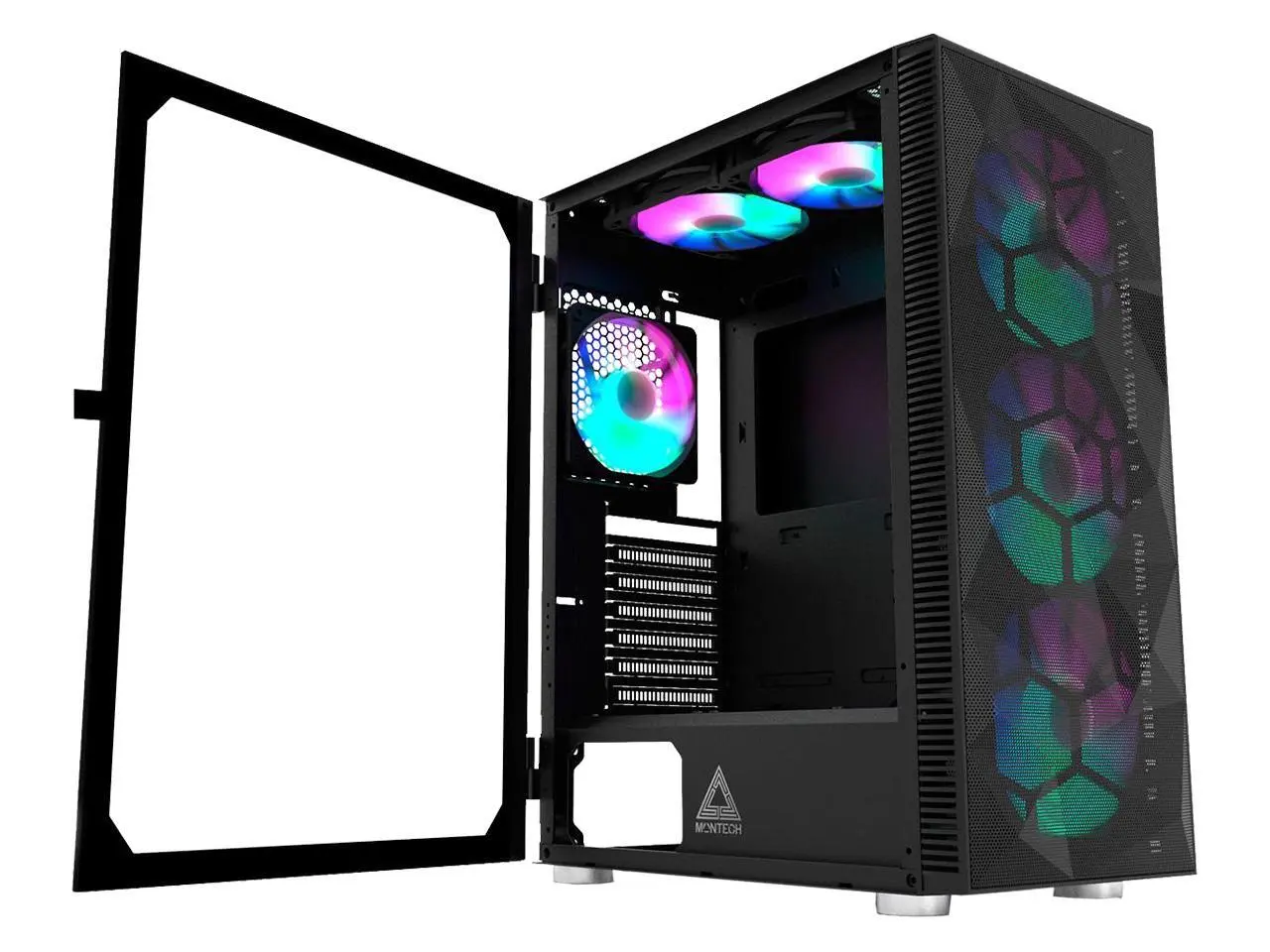 Montech X3 Mesh , 3 x 140mm& 3 x 120mm Fixed RGB Lighting Fans (Pre-Installed) ATX Mid-Tower PC Gaming Case, USB3.0, Door Open Tempered Glass Side Panel, High Airflow, Black