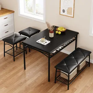Dining Table Set for 4, Kitchen Table Set of 4 with Upholstered Dining Bench and Square Stools, Dining Set for 4 with Storage for Small Space, Apartment - Black
