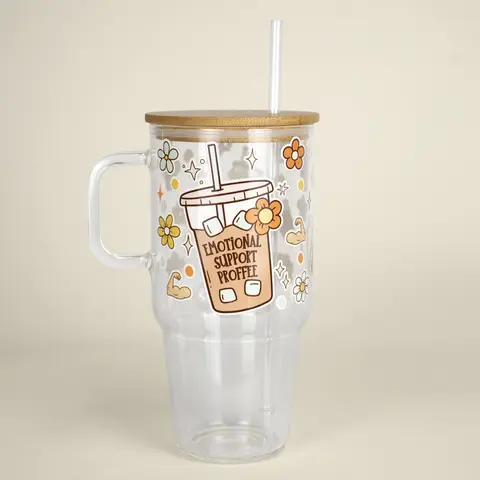 Bariatric Bestie 40oz Glass Tumbler with Handle, Bamboo Lid & Straw, Gift for Her