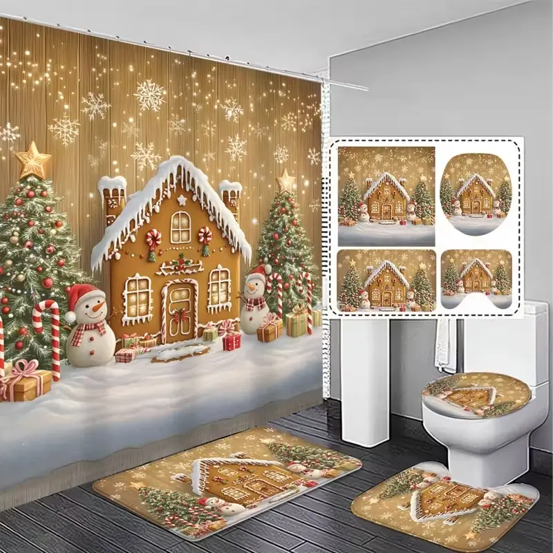 1/4 pcs Christmas gingerbread house design, exquisite shower curtain set, non-slip mat, U-shaped rug, toilet seat cover, perfect for bathroom decoration, beautifies the space, includes 12 shower curtain hooks, Bathroom decoration accessories