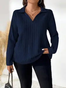 Women's Plus Size Striped Knit Sweater, Soft Fleece Long Sleeve Pullover, Casual Comfort Fit, Winter Fashion, Daily Wear, Knitwear