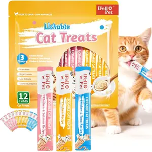 IFELLO PET Cat Treats, High-Meat High-Moisture Lickable Cat Treats, Variety Pack \u2013 Real Chicken & Seafood \u2013 Silky Creamy Purée \u2013 Grain-Free (15g Each | 12 Tubes)