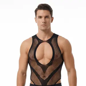 Men's Open Crotch Stretch Fishnet Bodysuit - Sheer Mesh Spandex Lingerie, Elastic Cutout Design One-Piece, Breathable Fabric, Stretchy Fit for All Shapes, See-Through Sleeveless Integrated Straps, Ideal for Intimate Wear & Costume
