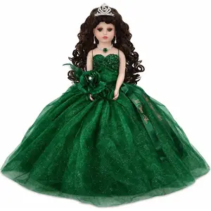 18" Quinceañera Last Doll with Umbrella Dress Stand – Last Doll My Fifteen Years Keepsake, Traditional Hispanic My 15 Doll, Ceremony & Table Centerpiece, Full Accessory KW18631-33 (Emerald Green)