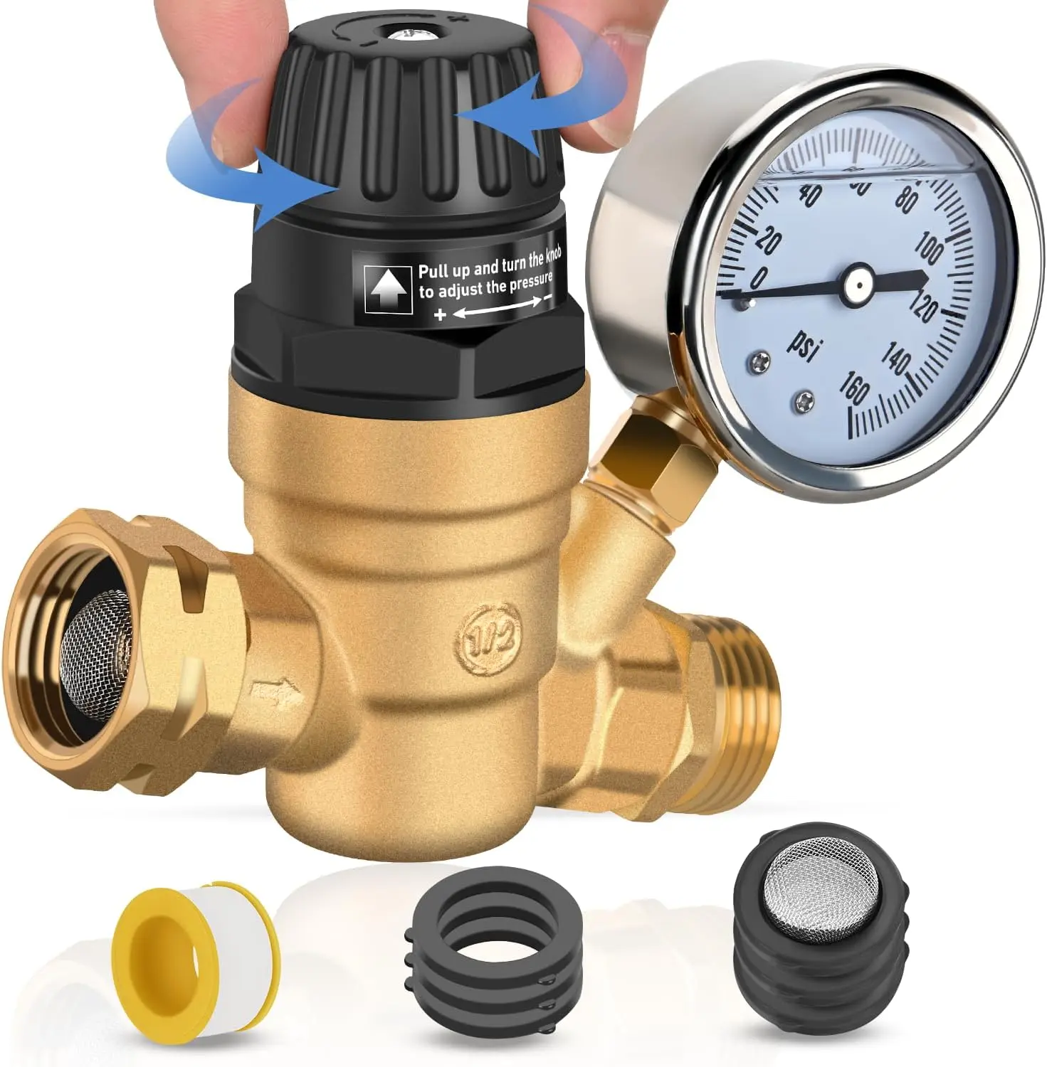 Nilight Lead-Free Brass RV Water Pressure Regulator, Adjustable Handle with 0-160psi Oil-Filled Gauge, 3/4" GHT(NH) Hose Female Inlet, Double Inlet Screen Filter, Hose Gasket for Camper Travel Trailer, Gauge + Filters, Fits 3/4" Hoses
