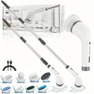 Mother's Day gift IPX7 Electric Spin Scrubber with 8 Replaceable Brush Heads 2 Adjustable Speed Extension Handle Multiple for Bathroom, Kitchen, Floor, Toilet,Household Cleaning Supplies Kitchen Accessories Cleaner,Replacement Parts, Multifunction,Durable