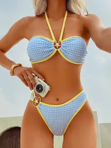 Women's High Waist Sexy Bikini Swimsuit, Colorblock Design, Elastic Fabric, Backless Style, Perfect for Beach or Pool, Colorblock Print Bikini, Colorblock Bikinis Set