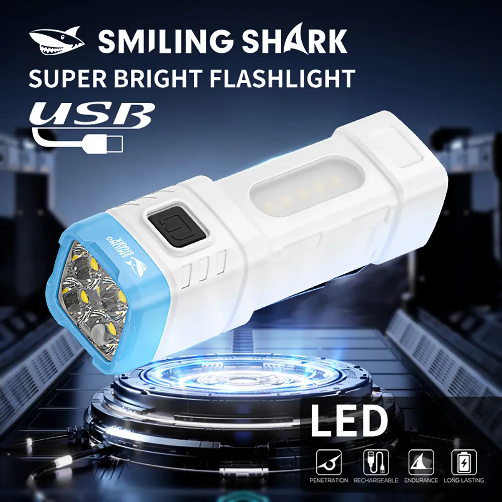 【SD-5317】Smiling Shark Mini Torch Light Super Bright 4*LED Small Flashlight COB Side Light 4 Modes Type-C Rechargeable with Pocket Clip Design Waterproof for Camping Hiking Household