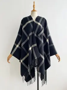 Women's Versatile Fringe Plaid Shawl, Fashion Neutral Color Accessory, Ideal for Outdoor Activities, Multi-Purpose Stylish Wrap