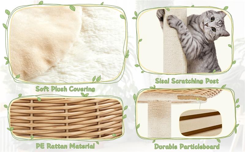 Yaheetech Cat Tree, 29.5″ Rattan Cat Climbing Tower with Scratching Post, Woven Rattan Cat Condo with Soft Cushion for Indoor Kittens