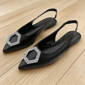Womens Flats Elegant Black Rhinestone Pointed Toe Slingback Lightweight Comfortable Suede Like Material Suitable for Daily Wear and Parties