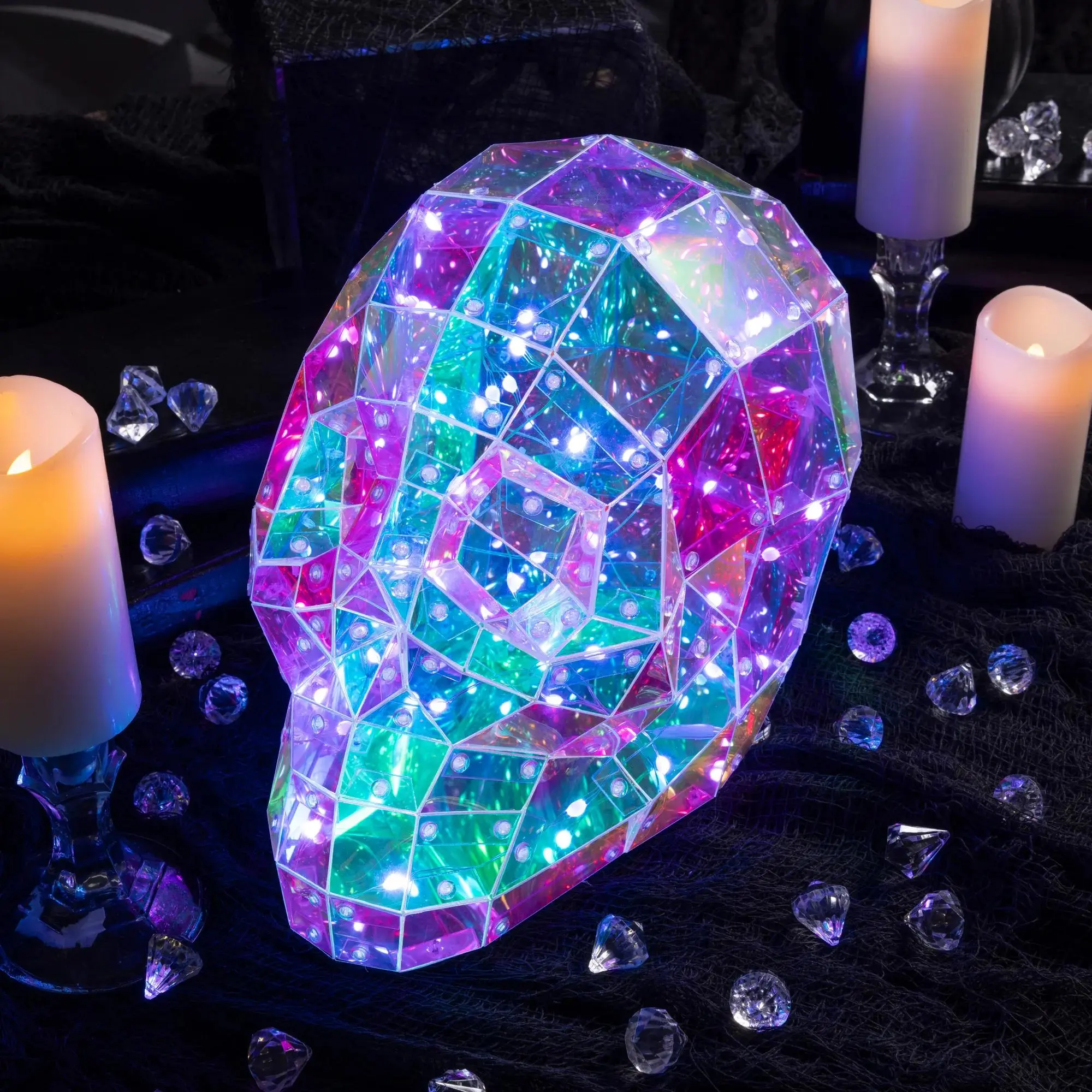 Multicolor Holographic Skull LED Party Light - 9.5in, Dry Battery Power, Easy Install, Light Up Your Space, Halloween Festive Decoration