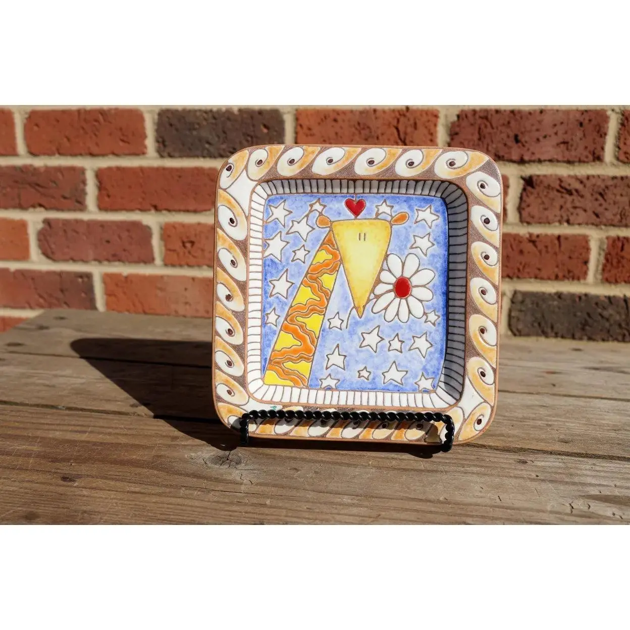 Handmade Ceramic Square Serving Dish - Small, 7.5"x7.5", 19oz, Whimsical Giraffe Animals, Heart Design, Black-White Striped Border, Sky Crimson Accents, Starry Night Geometric Enamel Naive Modern Pottery Collectible Jewelry Display, Naïve Modern, Print, A