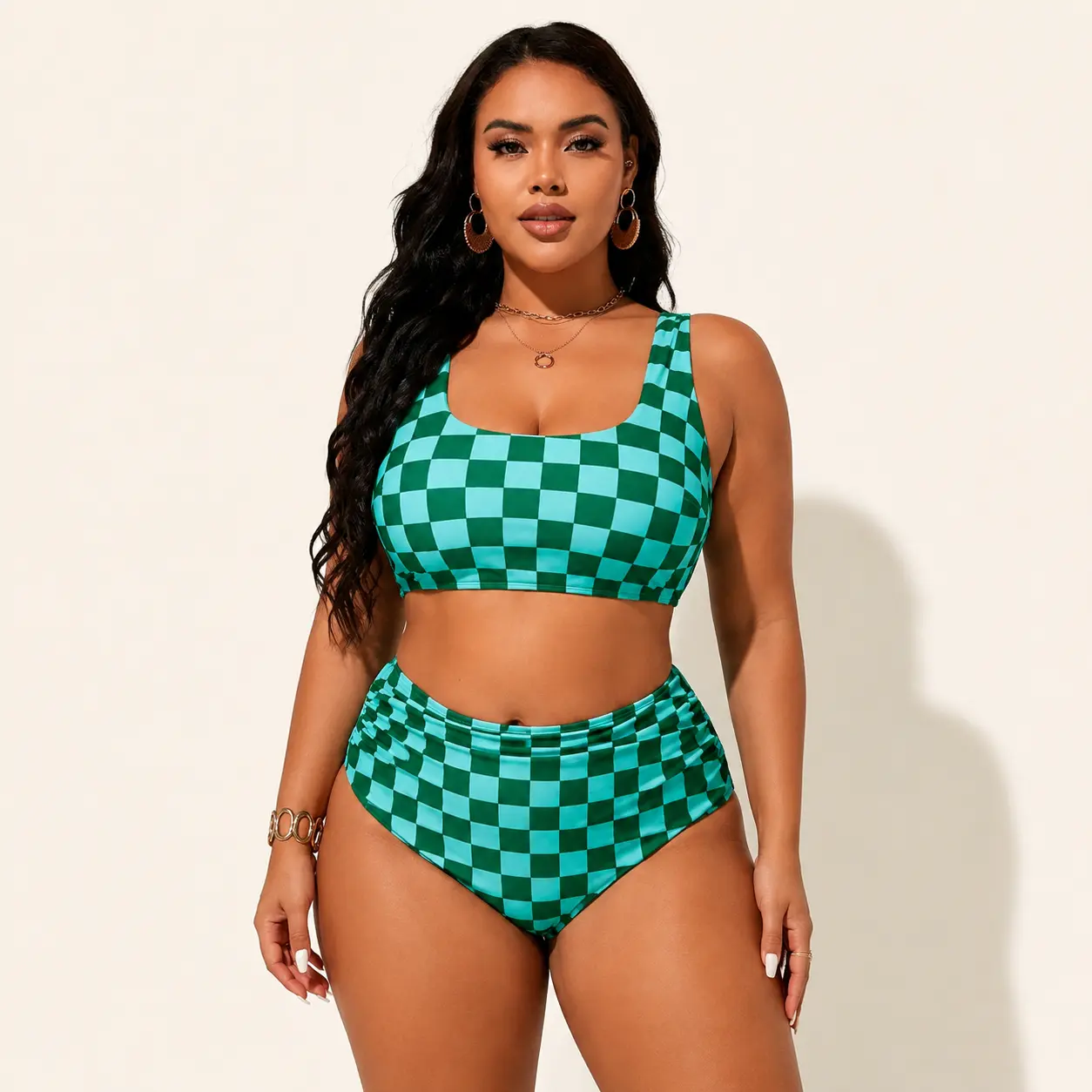 Plus Size Green Checker Bikini Set Women High Waisted Two Piece Swimsuit Scoop Neck Wide Strap Retro Print Swimwear for Beach Pool Resort Vacation