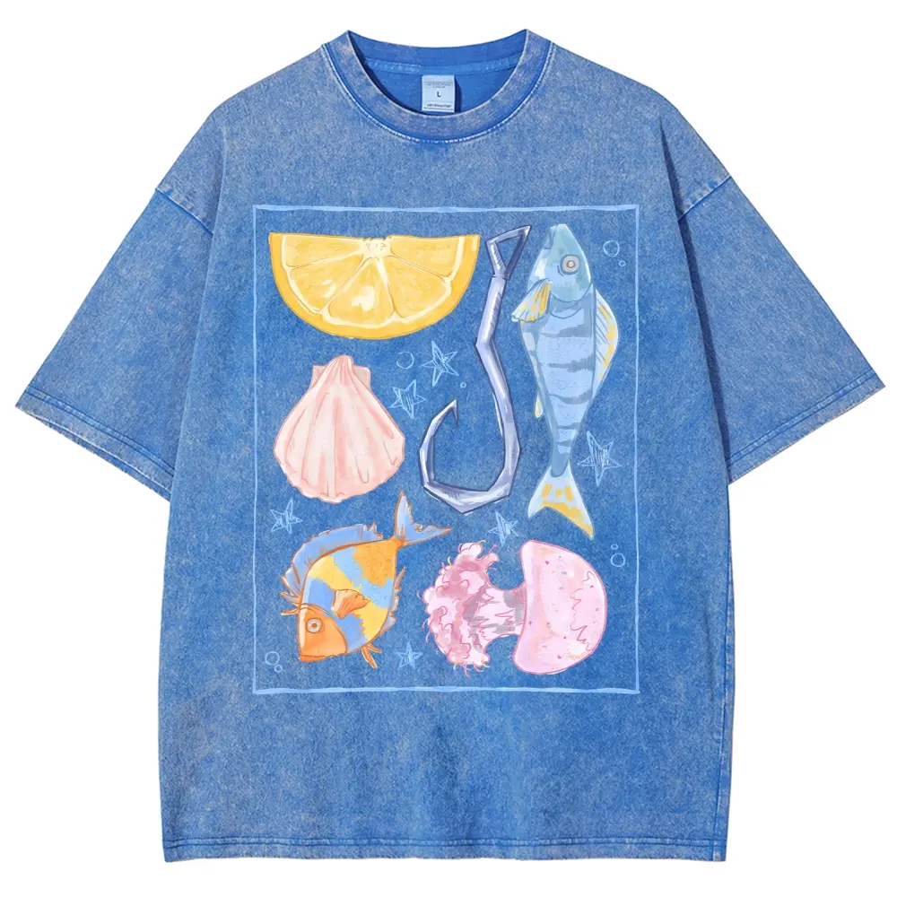 Ocean Fishing Coastal T-Shirt, Vintage Washed Heavyweight Stone Wash Oversized Tee, Watercolor Fish & Lemon Summer Shirt, Gift For Fishing Lovers