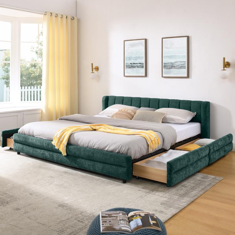 King Size Upholstered Bed Frame with Headboard and 4 Storage Drawers, Solid Bed Frame with Thick Fabric, Comfortable Upholstered Bed Frame, Chenille Fabric (86.5''*84''*29.5'')