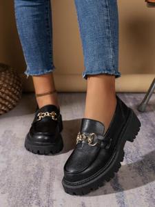 women's chain decorated  chunky heel  slip-on loafers, casual solid color platform loafer shoes for daily wear, summer fashion shoes for party, daily clothing decor, fall shoes