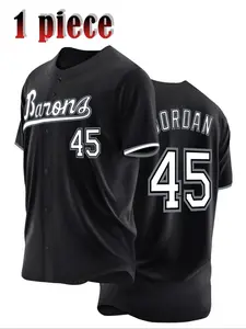 Men's 45 Black Embroidery Button Front Baseball Jersey, Regular Fit Casual Short Sleeve V Neck Baseball Top for Daily Wear, Men's Clothes for All Seasons, Jersey Tee, Jersey Shirt, Jersey Tops