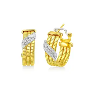 Fine Jewelry & Gemstone 14K Yellow Gold Triple Row Diamond Omega Hoop Earrings