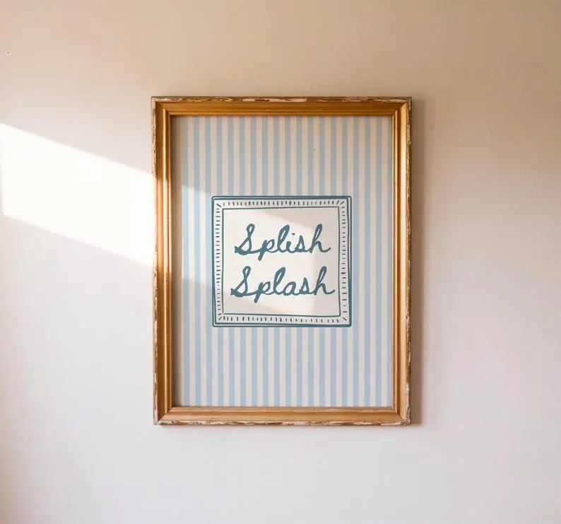 Splish Splash Print  Blue Bathroom Decor  Vintage Striped Wall Art