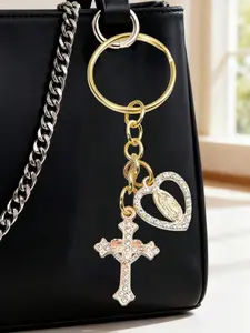 Christian Amulet Keychain with Religious Love and Diamond Cross, Madonna Pearl and Diamond Charm, Perfect Gift for Easter Mother's Day