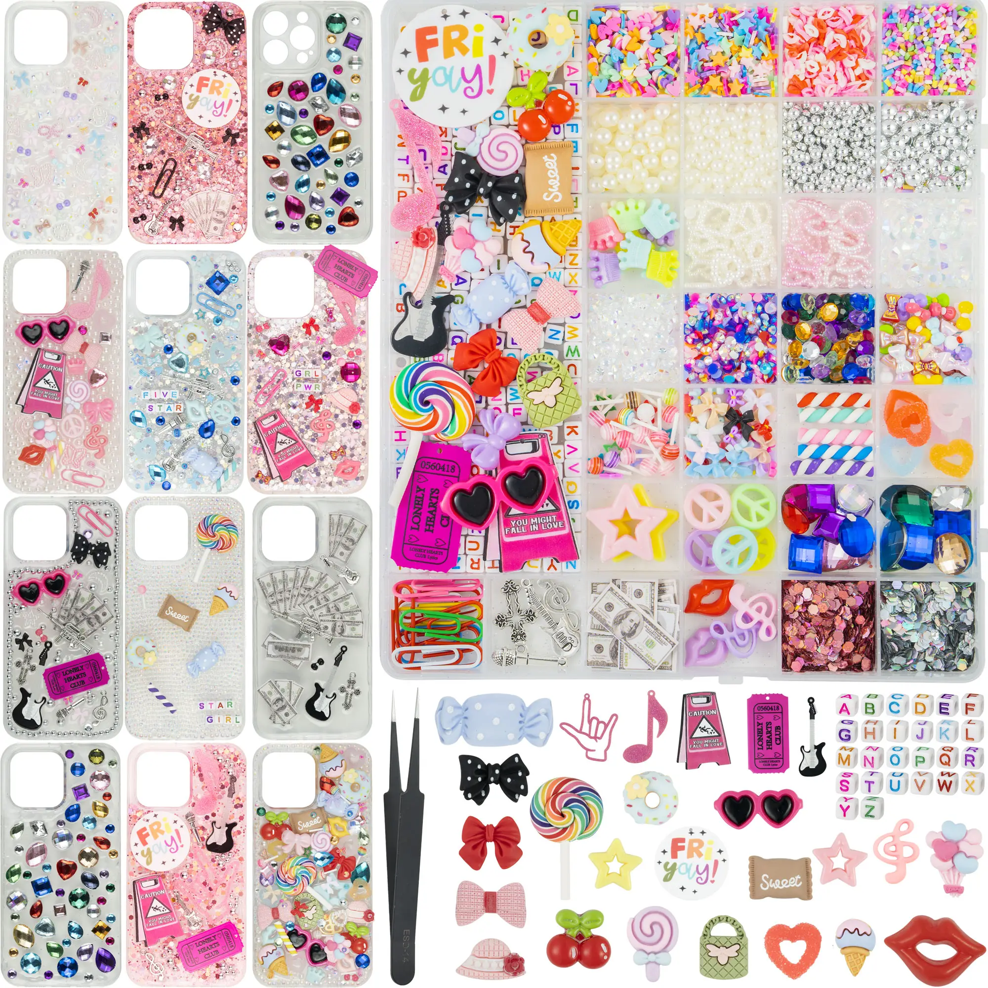2250 Pcs Junk Case Charms Kit, Charms for Junk Cases, Phone Case Charms, Junk Case Kit with Big Charms, Bow Charms, Nail Charms, Letter Beads, Pink Ch