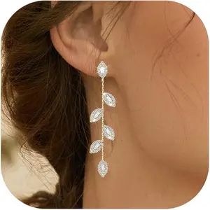 Gold/Silver Clip on Earrings Non Pierced for Women - 14K Gold Plated Long Tasse Drop Dangle Clip Earrings - Cubic Zirconia Leaf Earrings for Women Gold Wedding Jewelry Gifts