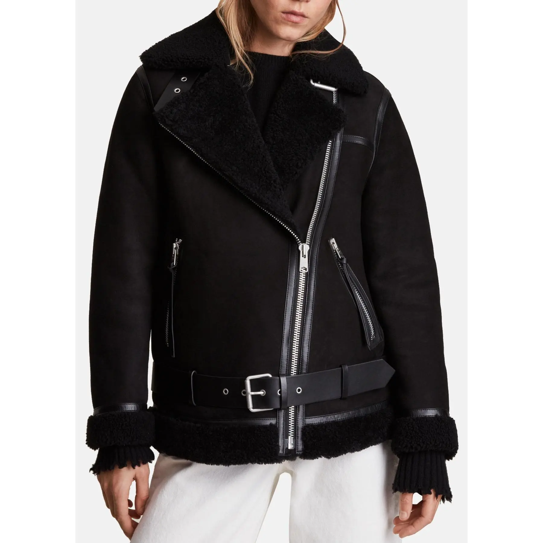 Womens Matt Black Shearling Leather Jacket