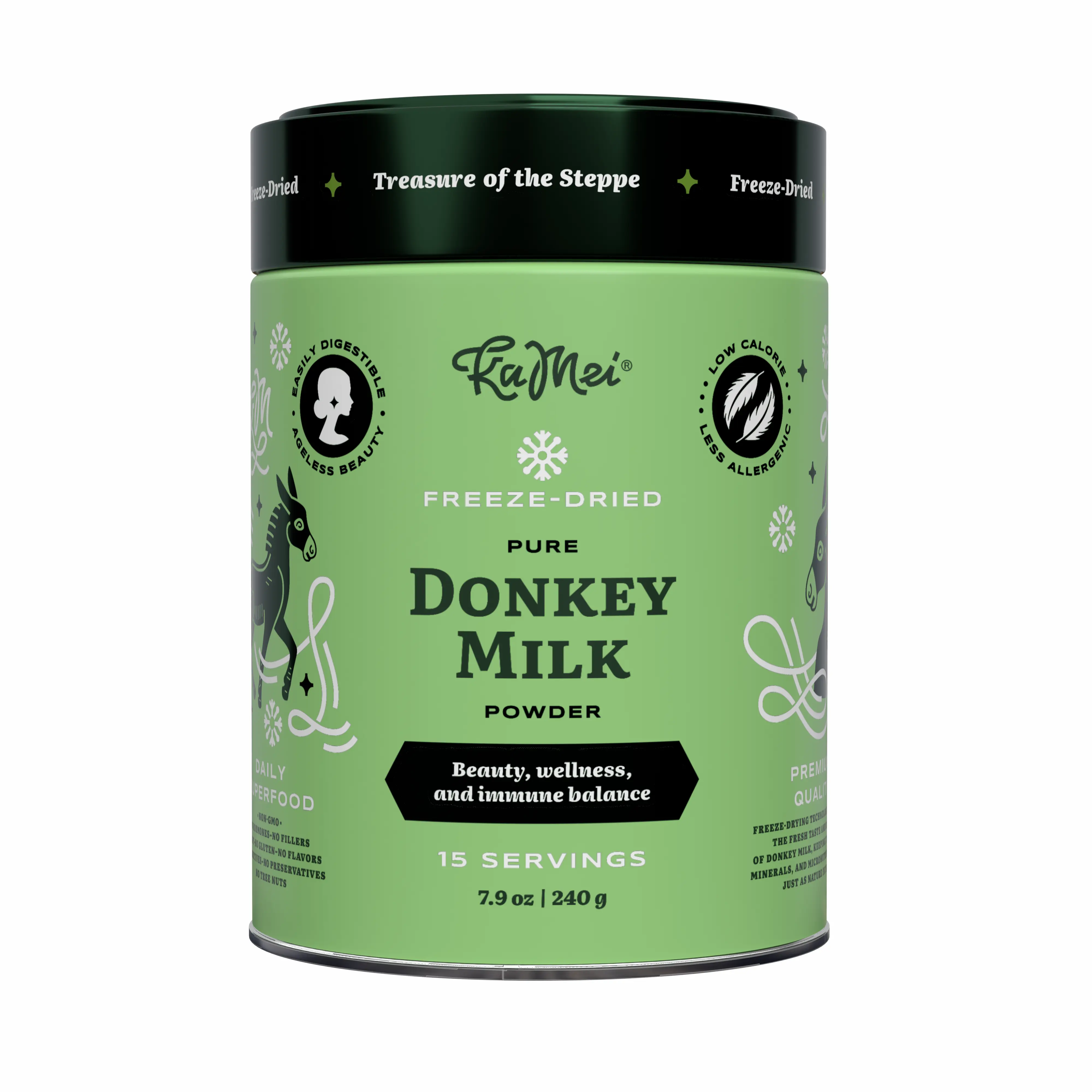Freeze-Dried KaMei Donkey Milk Powder – 100% Natural, Pasture-Raised, Family Farm, Cow & Goat Milk Alternative, Suitable for Those with Cow’s Milk Allergy, Gut Health & Immune Booster – 240 g