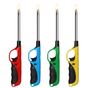 Large Refillable Butane BBQ Lighter with Adjustable Flame, Long Reach Igniter for Grill Campfire Fireplace Candle Kitchen Indoor Outdoor Cooking (Assorted Colors)