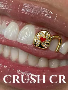 CRUSH CR 1pc Copper 14K Gold Plated Red Heart & Flower Petal Grillz, Prong-Set 5A CZ Stones, Unisex Hip-Hop Tooth Jewelry, Tooth Gems, Perfect for Parties, Street Fashion, Daily Wear, Clubs, Social Gatherings & Streetwear Looks