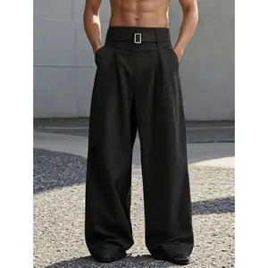 Men'sBlackHighWaistFoldPleatedWideLegPants,ForBackToSchoolCasualFabric