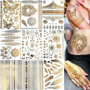 9 Sheets 110+ Designs Flash Gold Temporary Tattoos Metallic For Women Adult, Girl Golden Lion Festival Sun Moon Star Butterfly Glitter Tattoo Sticker, Fake Tattoos That Look Real and Last Long