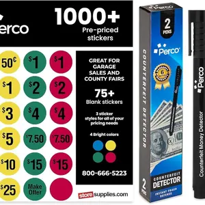 Perco Garage Sale Price Stickers with Counterfeit Money Detector Pens Kit - Includes 1000+ Pre-Priced & 75+ Blank Stickers and a Pack of 2 Fake US Bill Checker to Ensure Authenticity and Prevent Fraud