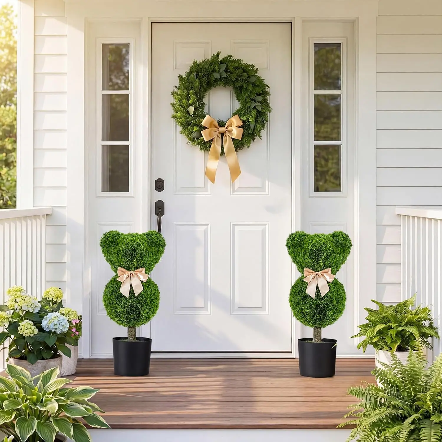 COSTWAY 2 Pcs Artificial Bear Topiary Trees, Sun-Resistant Faux Boxwood Bush with Bowknot & Ears, Decorative Animal Shaped Shrubs for Indoor Outdoor, Porch, Patio, Entryway