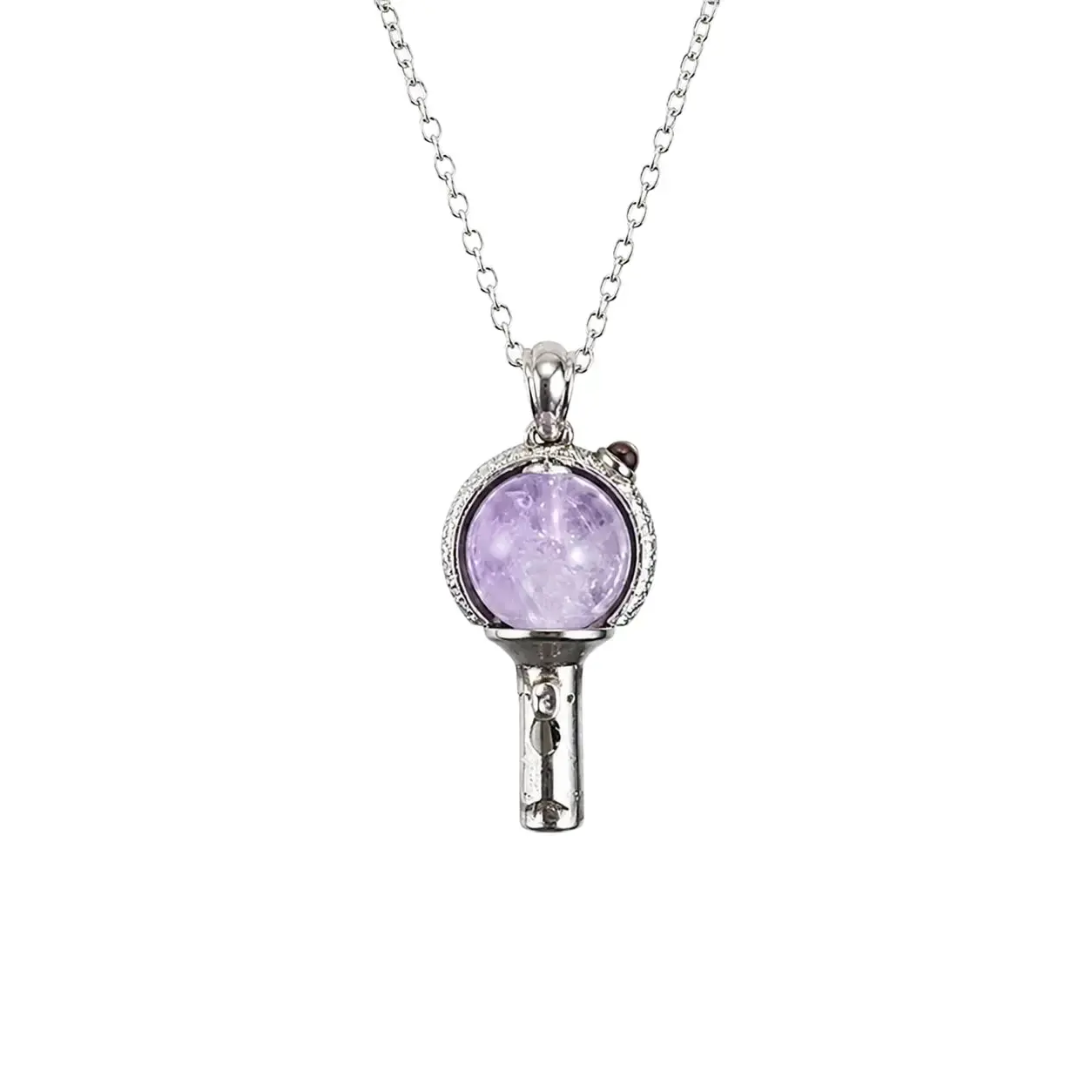KPop Light Stick Pendant Necklace - ARMY Inspired Idol-Inspired Street Style Fashion Jewelry, Cable Chain Choker with Faux Lavender Crystal Inlay, Cute Collarbone Chain Fan Support Gift, Casual