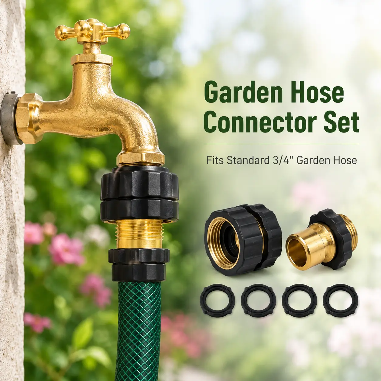 PINKART 3/4 Inch Garden Hose Connector Set, Brass Core Water Hose Fittings with Rubber Washers, Male and Female Hose Adapter for Outdoor Faucet, Spray Nozzle, Garden Watering, 4/8 Complete Sets