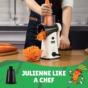 iezzei Rotary Cheese Grater Hand Crank Vegetable Shredder with 5 Stainless Steel Blades, Nut Grinder, Carrot Shredder, Fruit Slicer, Potato Crinkle Cutter, Secure & Large Suction Base with handle Kitchen Utensils