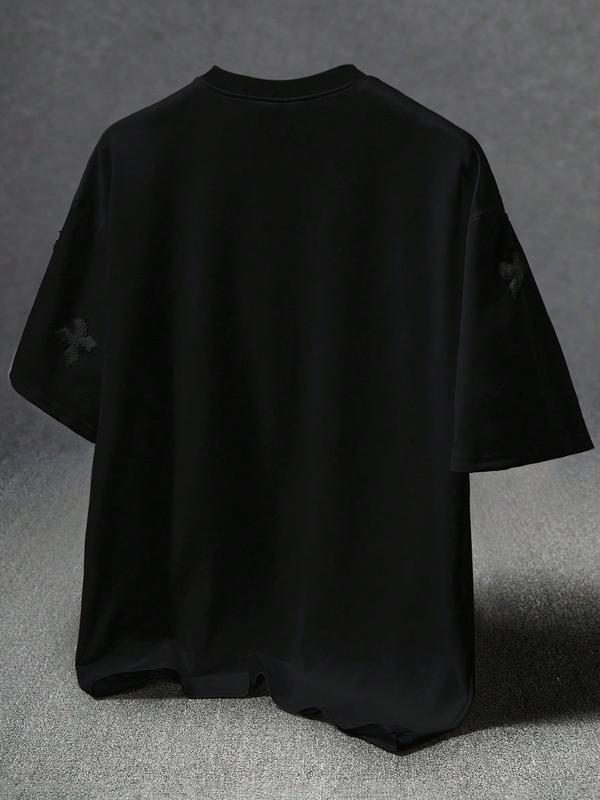 Men's Cross Stitch Embroidered Solid Color Round Neck T-Shirt, Casual Fit Streetwear, Casual Fitted Long Sleeve Top for All Seasons, Sporty College Style