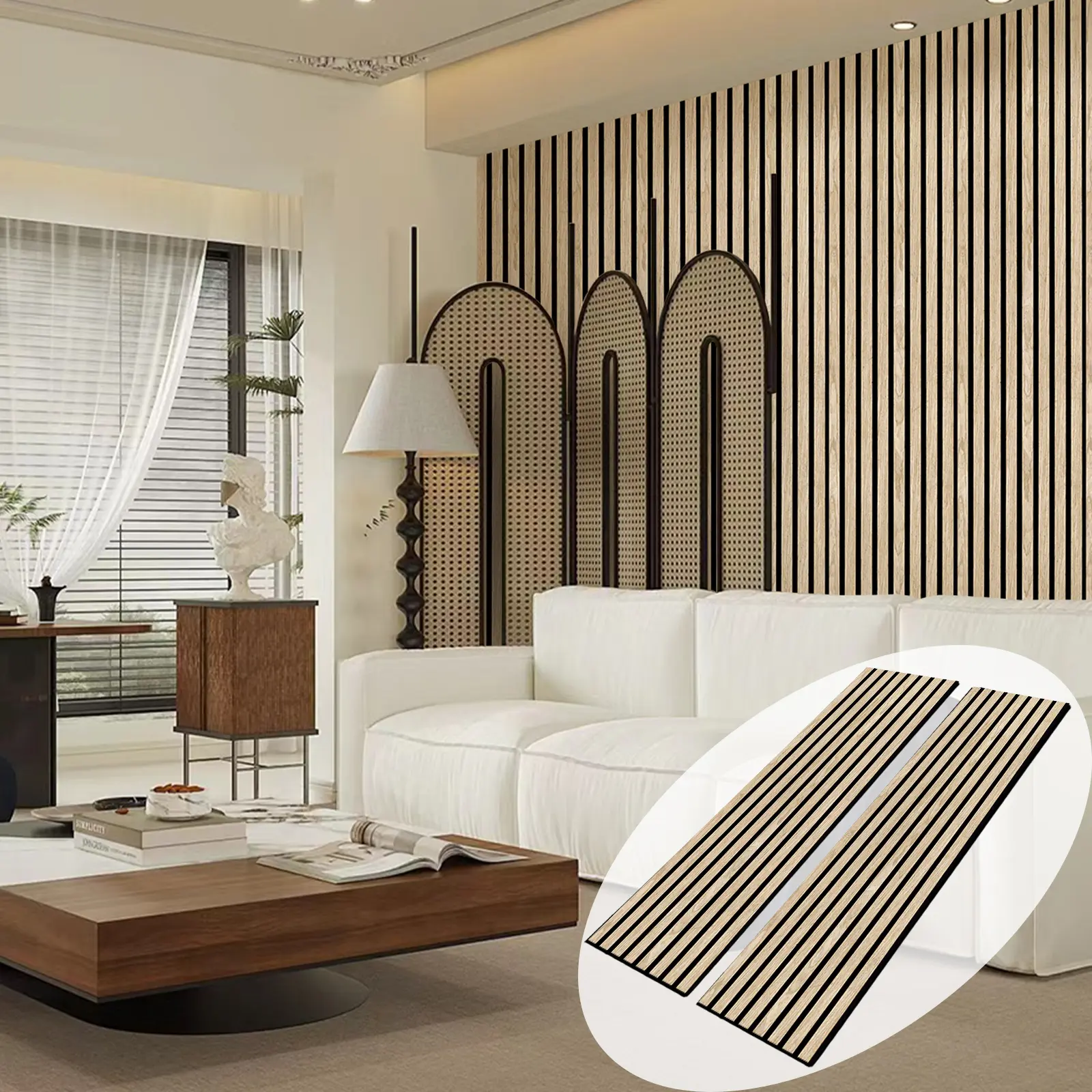 Slatted Oak Veneer Wooden Wall Panels - 2-Pack Acoustic Decorative Panels for Interior Wall Decor, Bedroom Soundproofing, Indoor Ceiling Use - 12.5x94.4in, Decorative Wall Panels, Wall Panels For Interior Wall Decor